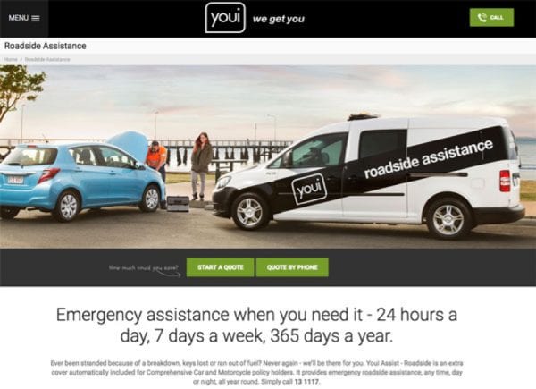 Screenshot from youi website of roadside assistance