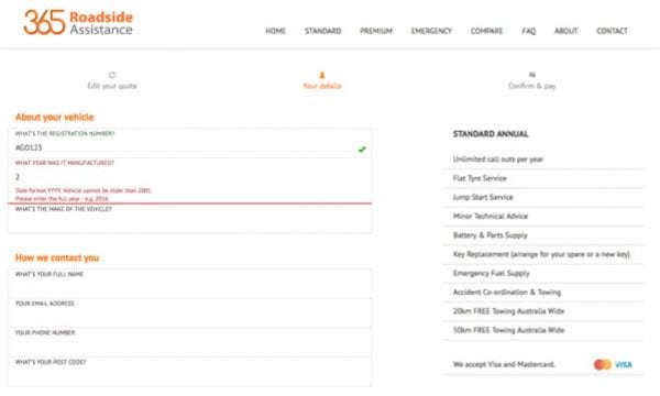 Screenshot of 365 Roadside assistance application form