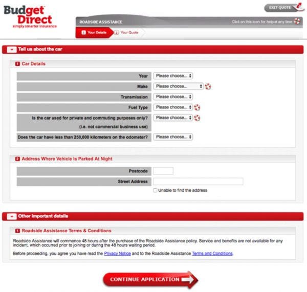 Screenshot of Budegt Direct roadside assistance form